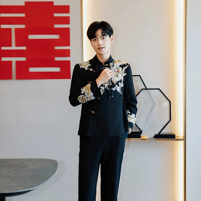 新中式秀禾服男装中国风黑色中山装结婚礼服新郎男士高级立领唐装