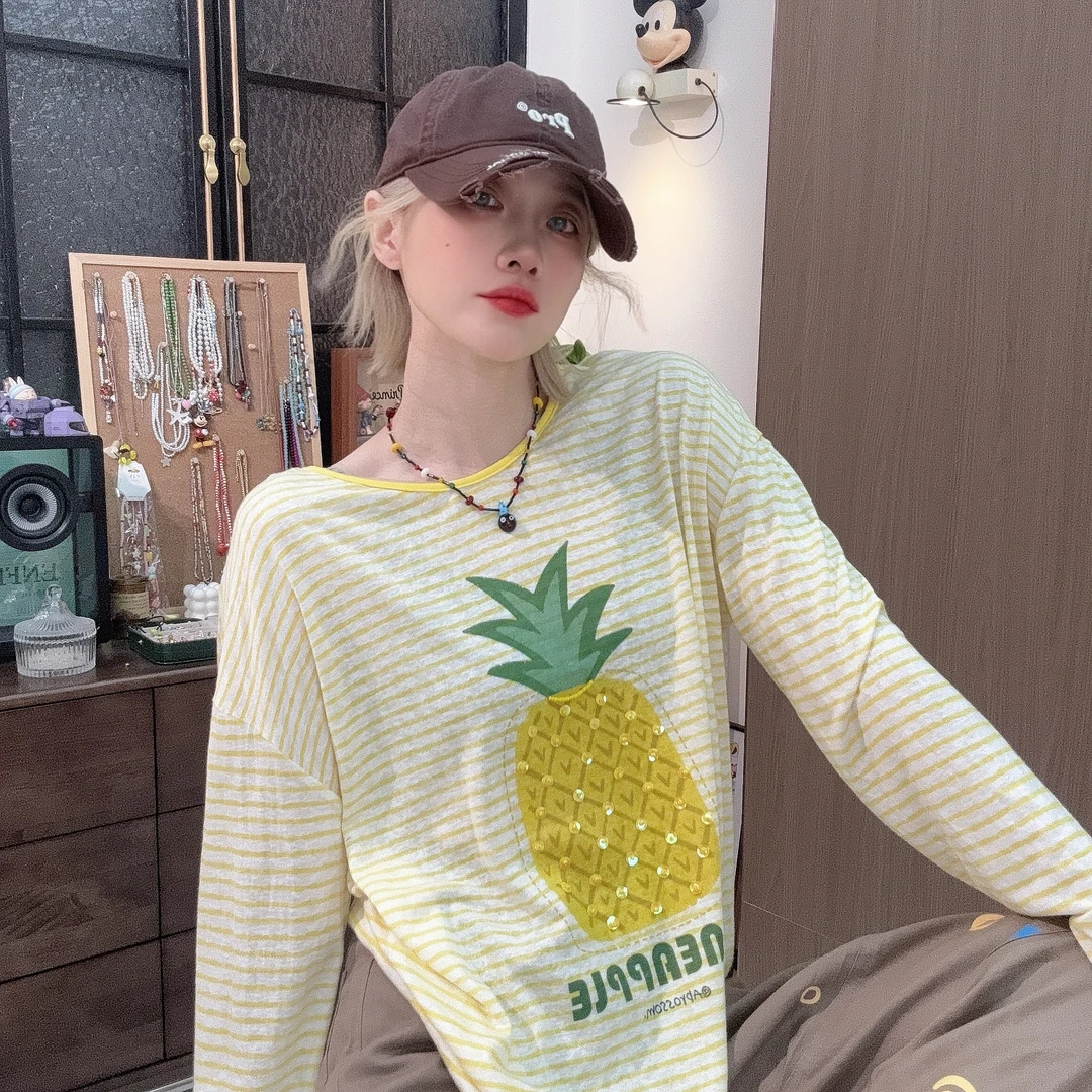 Apr.【冰镇菠萝】夏季新款手工重工钉珠亮片条纹数码印T恤女25F127