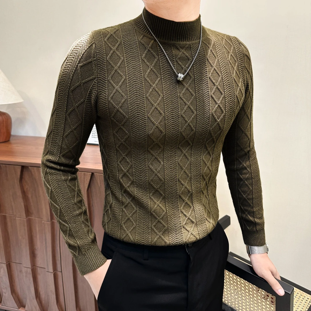 提花中领内搭毛衣男款冬季保暖弹力菱形格长袖t恤男士针织打底衫