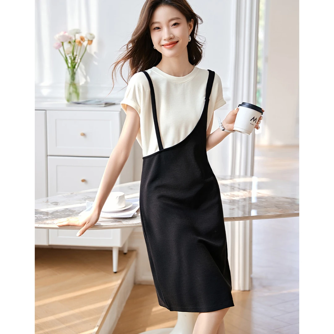 休闲连衣裙女夏季撞色拼接假两件背带裙洋气减龄小清新T恤裙百搭
