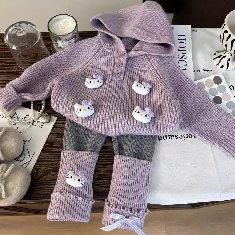 加厚单排扣连帽秋季小童女童韩版常规款套头套装休闲风厚款秋冬款