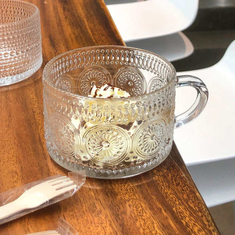玻璃水杯复古浮雕杯个性燕麦杯玻璃杯法式北欧早餐杯带把咖啡杯