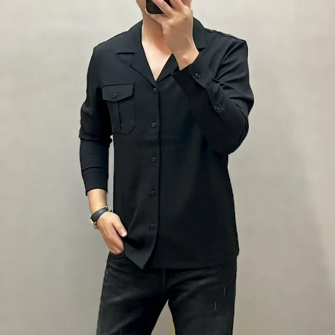 新款高端时尚男士纽扣小翻领长袖衬衫801