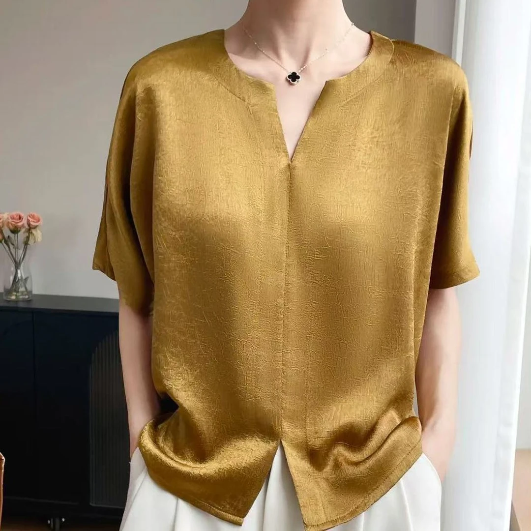 100%正品桑蚕丝衬衣V领高级感短袖真丝衬衫夏季新极逸阳短袖t恤
