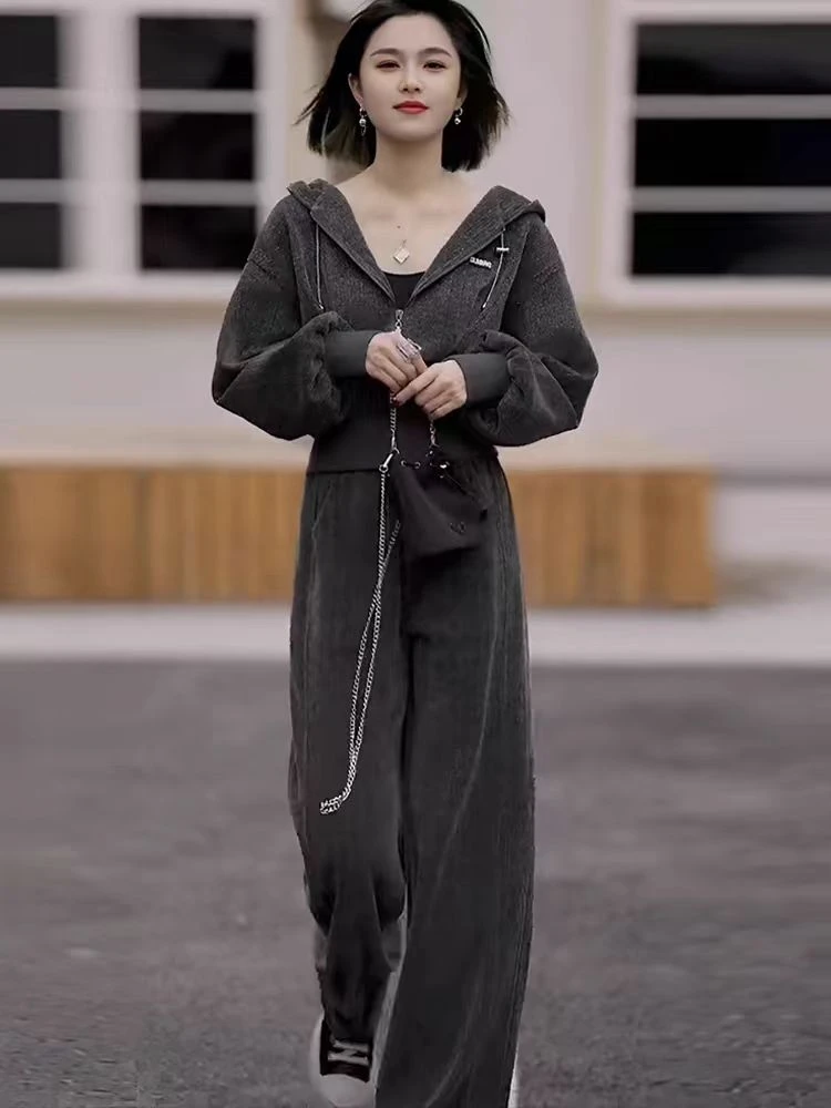 春秋装搭配一整套高级感连帽灰色卫衣+阔腿裤两件套（依）25020955