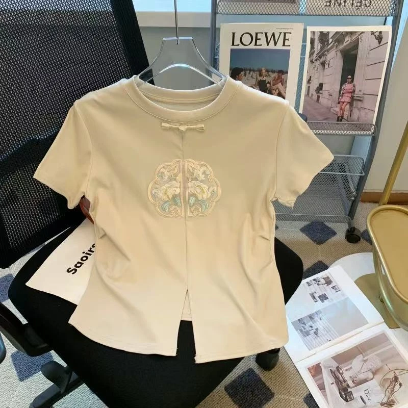 C092夏季新中式风棉短袖t恤女设计感开叉收腰百搭上衣