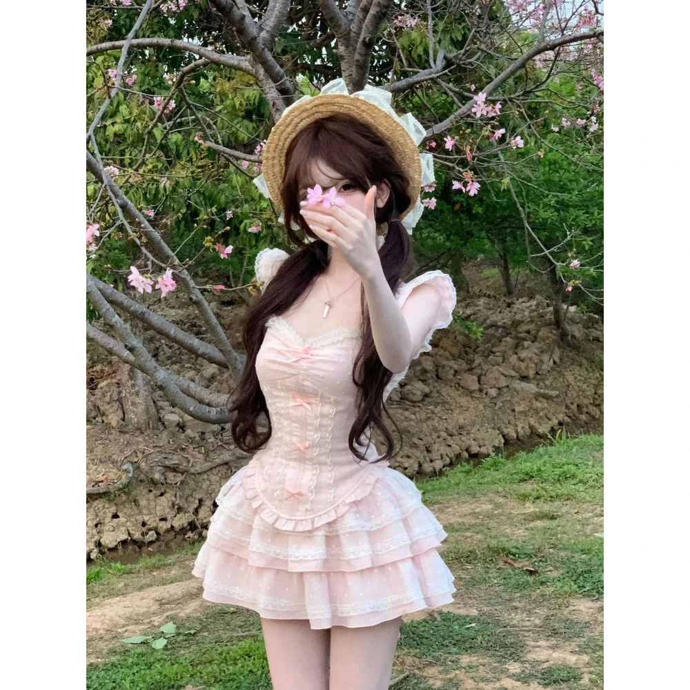 粉雾玫瑰 夏季纯欲风小众设计上衣+半裙学院风别致氛围感甜美套装