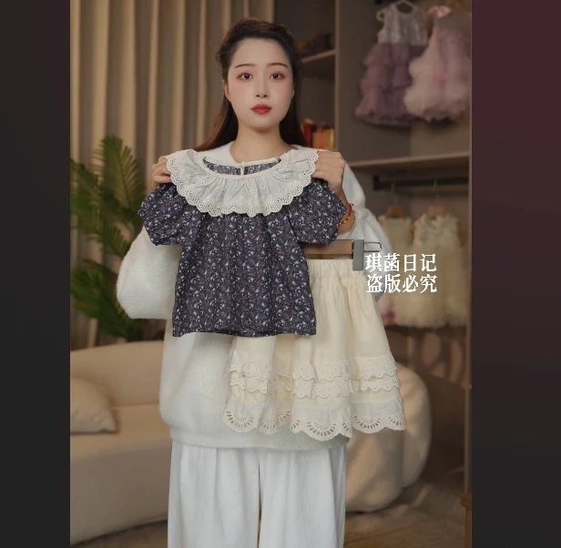 【QH设计师款】套装女童甜美提花上衣宽松小衫夏季小众法式碎花童装