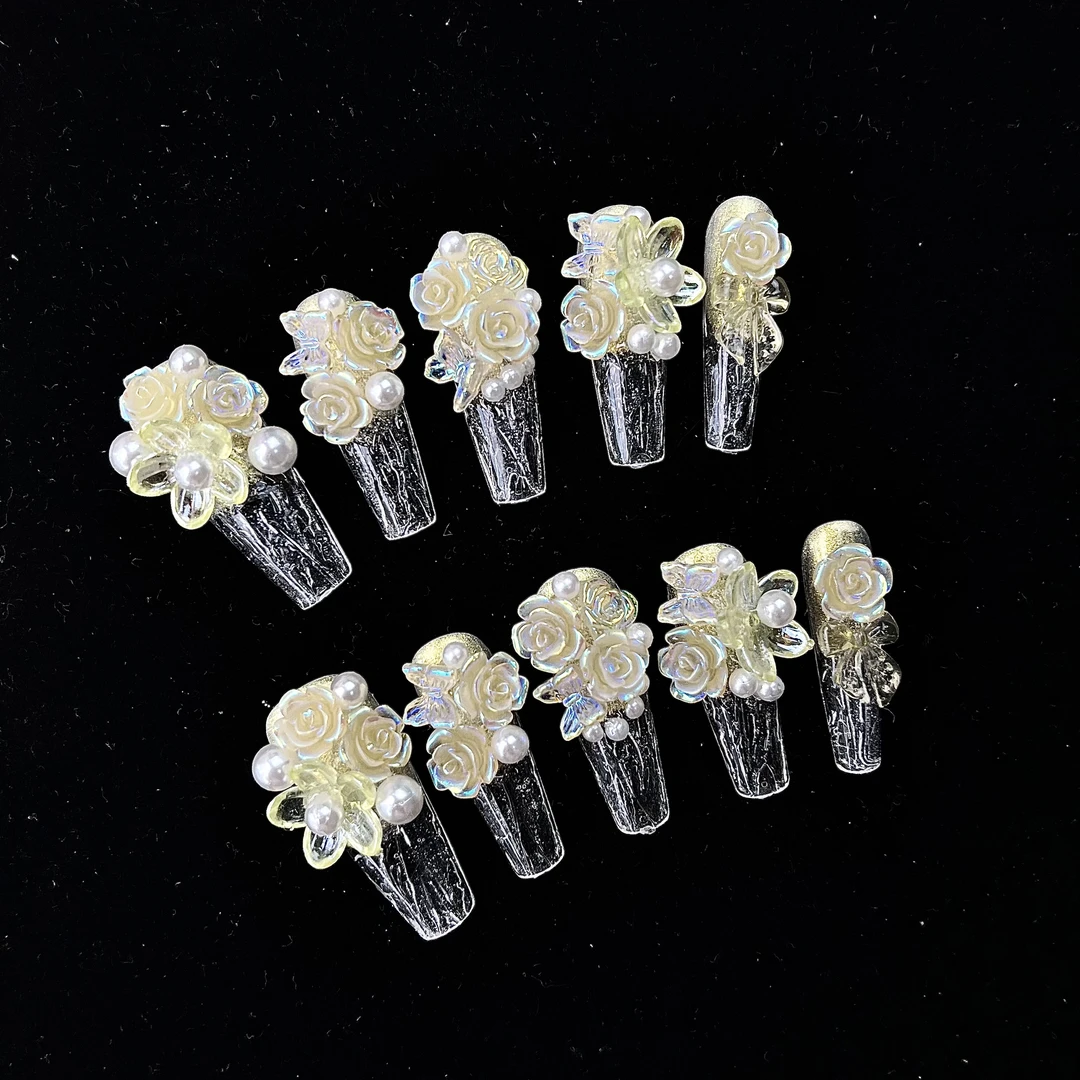 【BAO碎冰冰鹅黄色】3.0T黄色雕花碗花纯手工穿戴甲琉璃甲冰透可爱