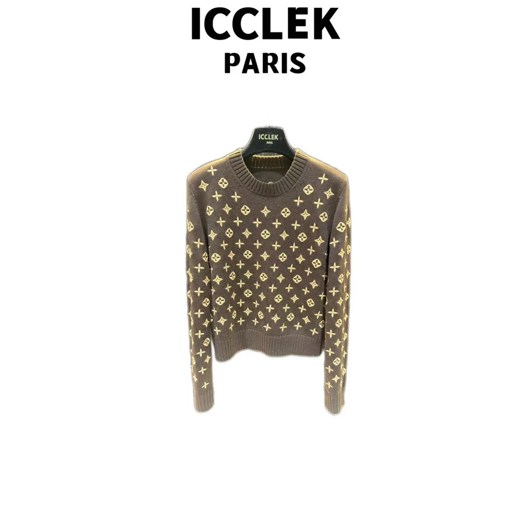 ICCLEK 轻奢咖色印花圆领长袖针织衫气质显瘦秋冬上衣 - 9162