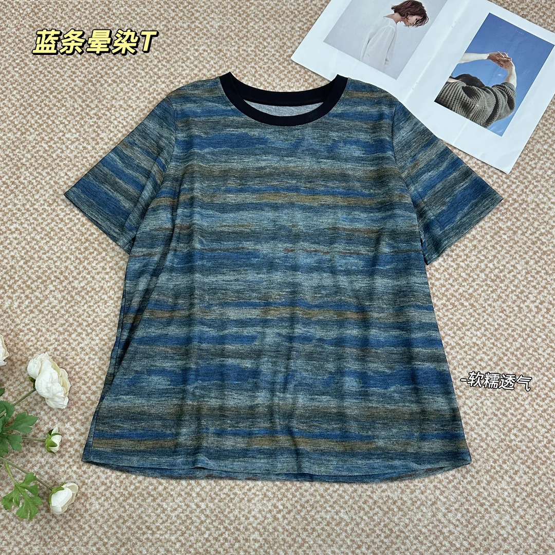 微胖女装【晕染条纹】蓝条晕染T恤夏季新款显瘦百搭洋气短袖20726