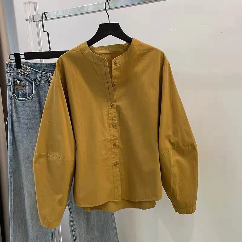 港风时尚双门襟小立领长袖衬衫女式减龄上衣2025春新款宽松衬衣