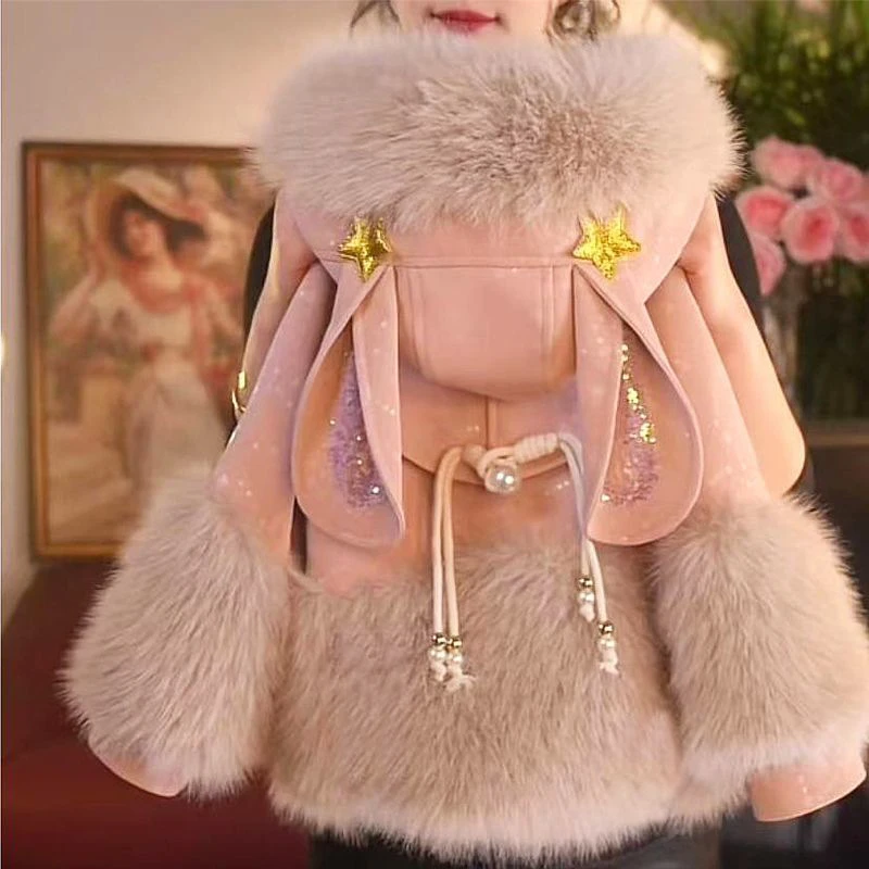 女童公主风外套加绒加厚冬季新款红色毛绒兔耳朵连帽外套6Y263