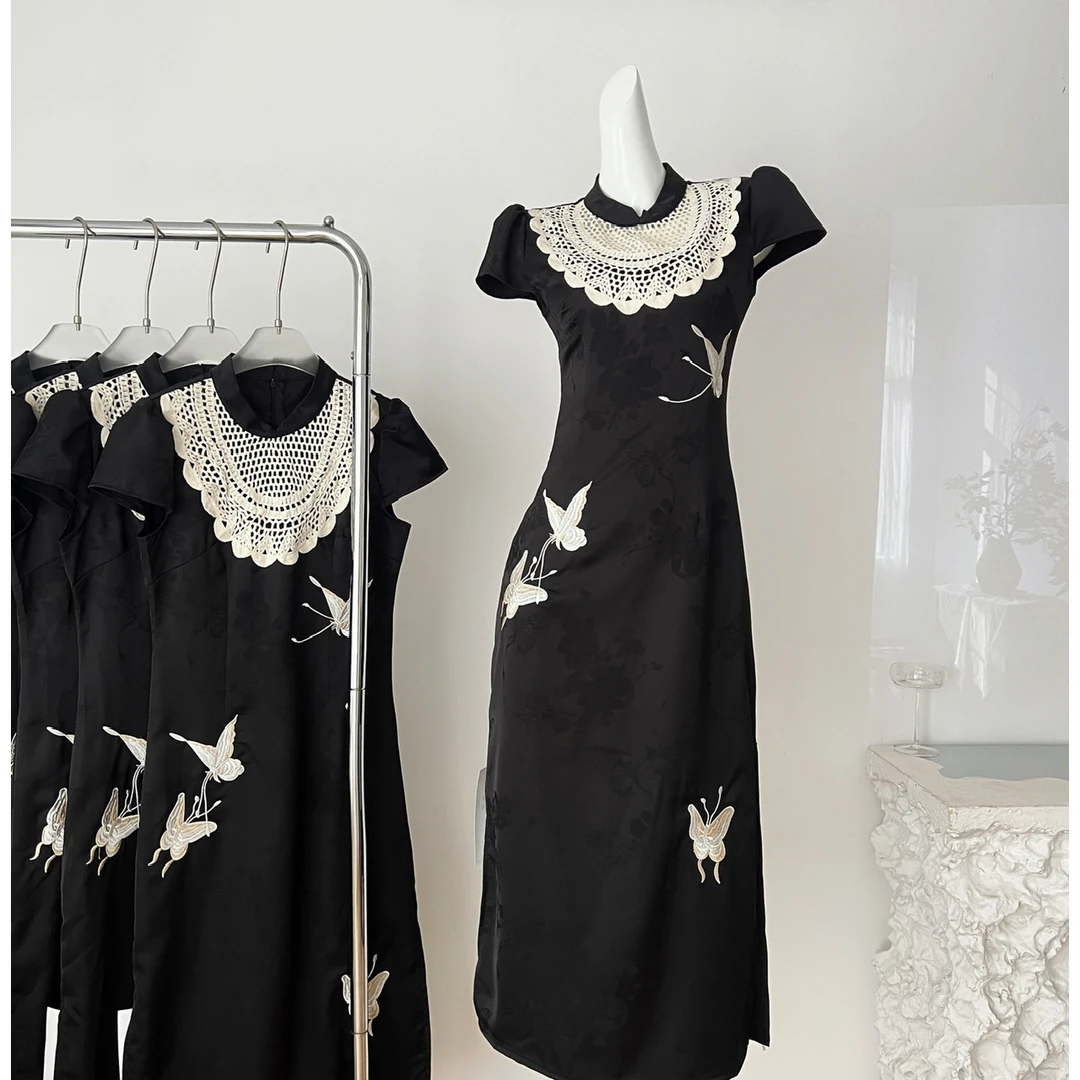 凌茜恣禾墨蝶吟新中式复古改良旗袍女夏季缎面蝴蝶绝美连衣裙