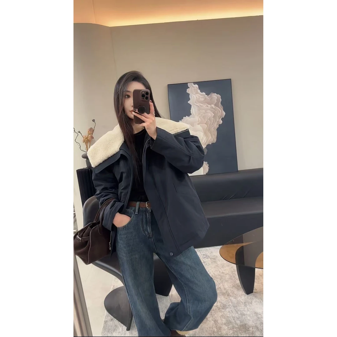 ZX596时尚宽松休闲大方领撞色休闲棉服外套女2024秋冬新款棉衣