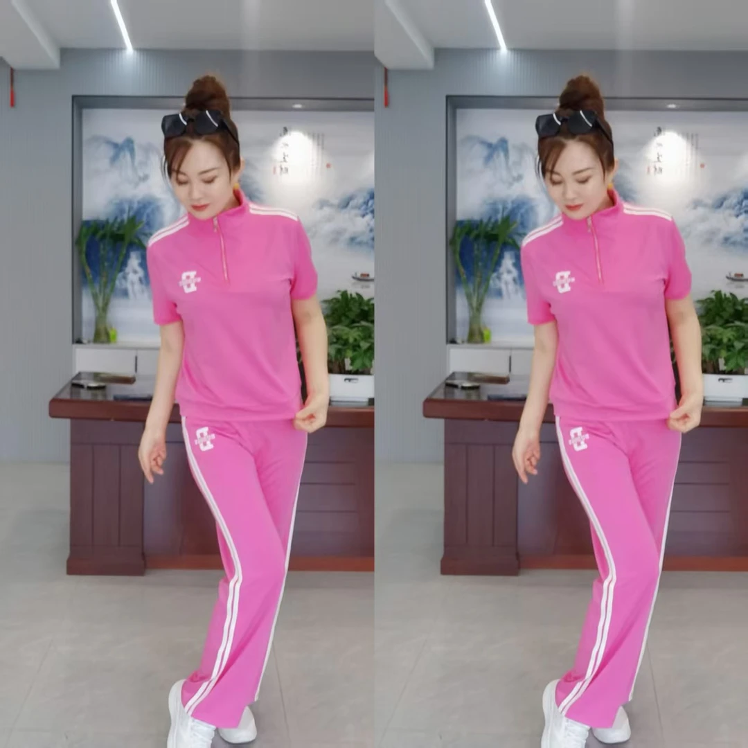 82073款立领半拉链短袖休闲显瘦阔腿运动套装