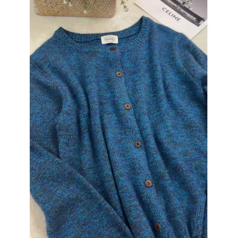 蓝眼泪开衫花纱圆领毛衣女装加厚秋冬款潮牌~7078