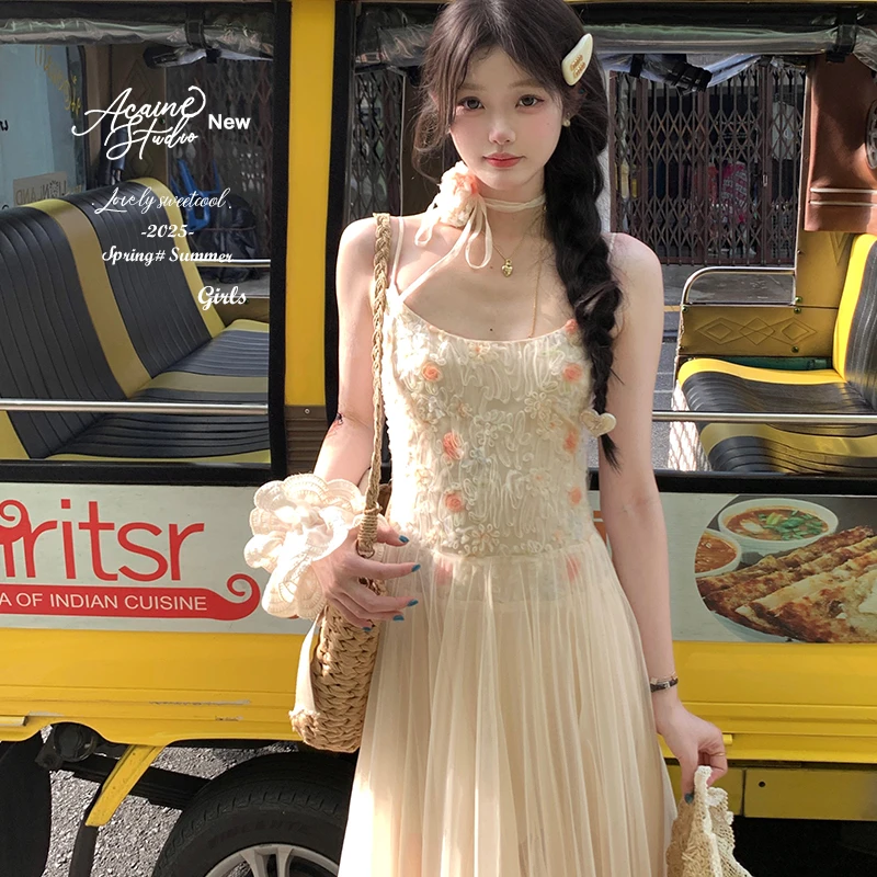 Acaine 春日多巴胺 气质显瘦小众六米网纱盘花仙女裙