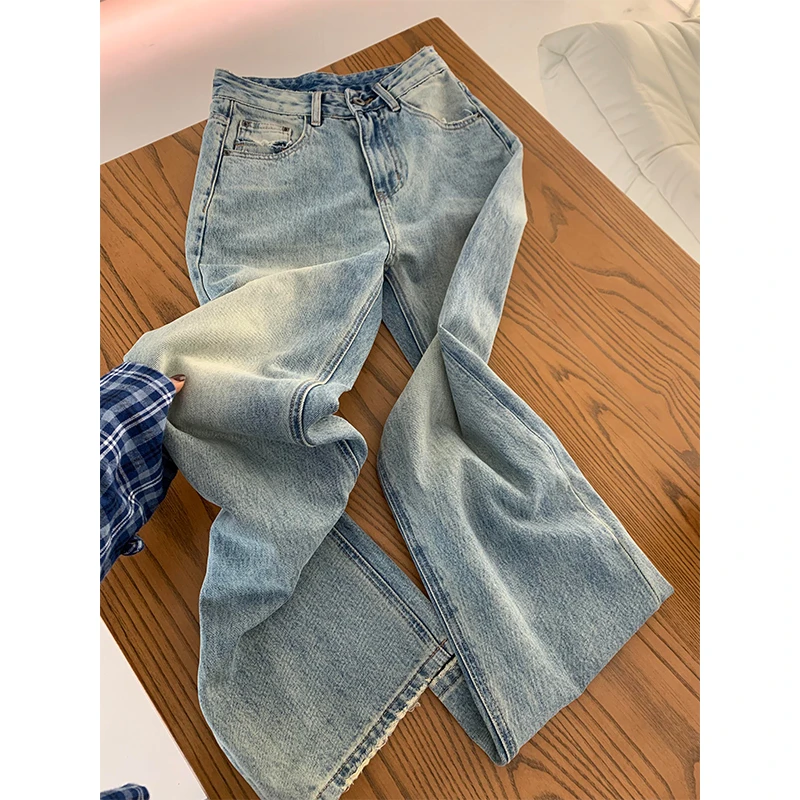 大码高级复古蓝显瘦直筒牛仔裤女夏季新款高腰水洗休闲百搭阔腿裤