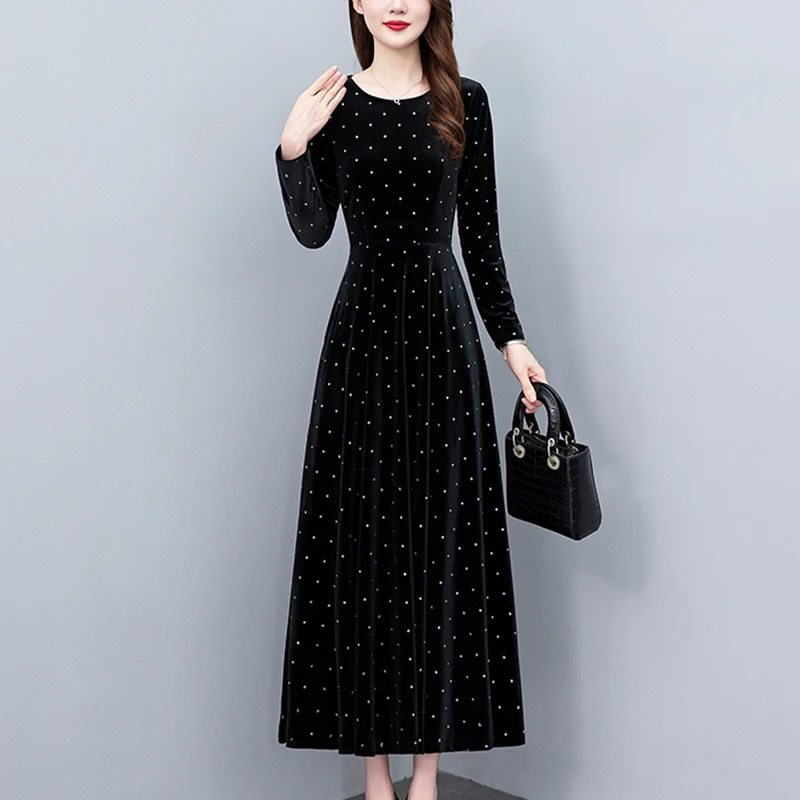 高端大牌波点金丝绒连衣裙女2025新款秋冬气质长裙高级感妈妈裙子