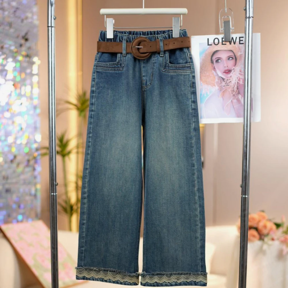 女童2025春秋季新款脚口花边牛仔裤中大童时尚百搭儿童洋气直筒裤