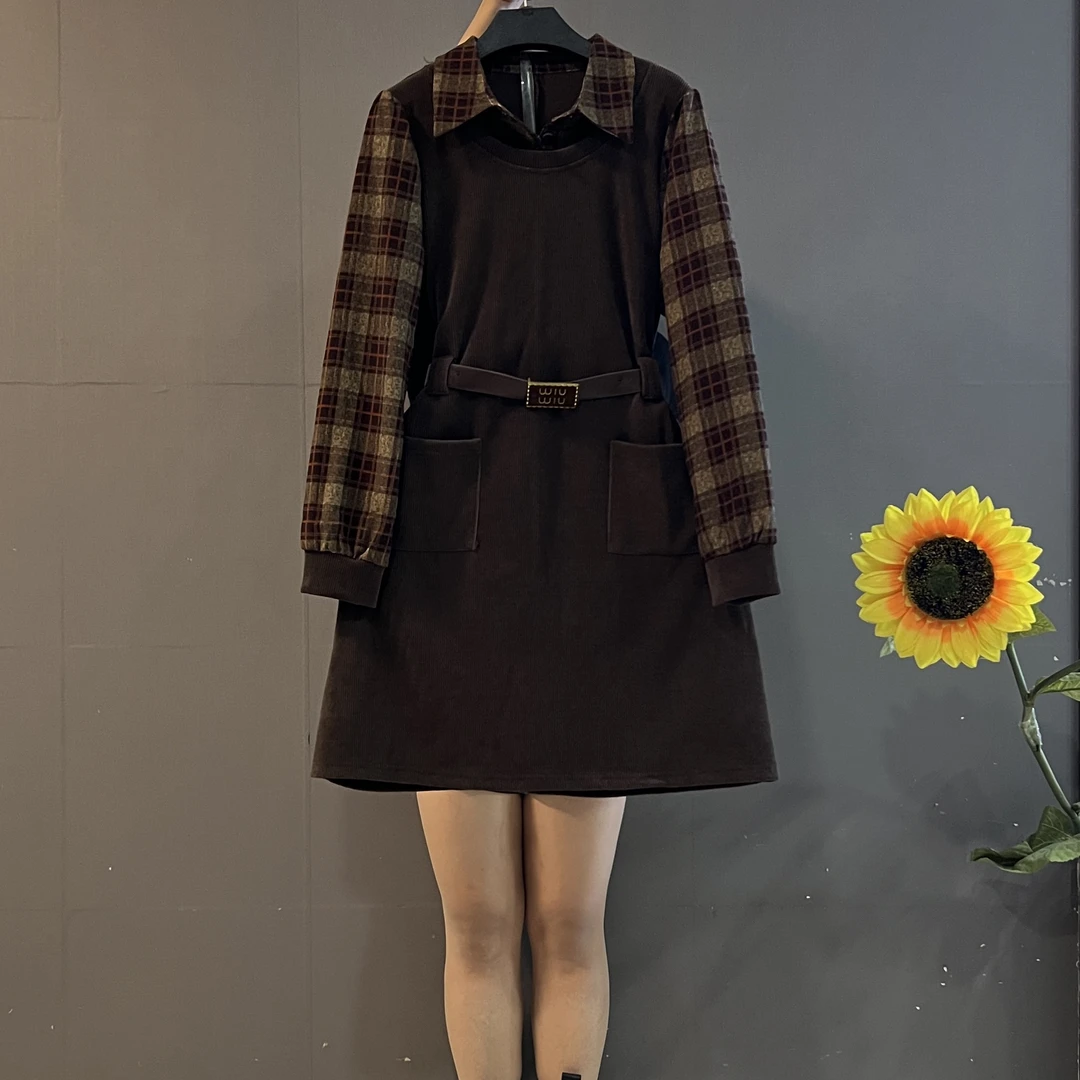 秋季新款翻领格子拼接长袖假件收腰显瘦气质连衣裙