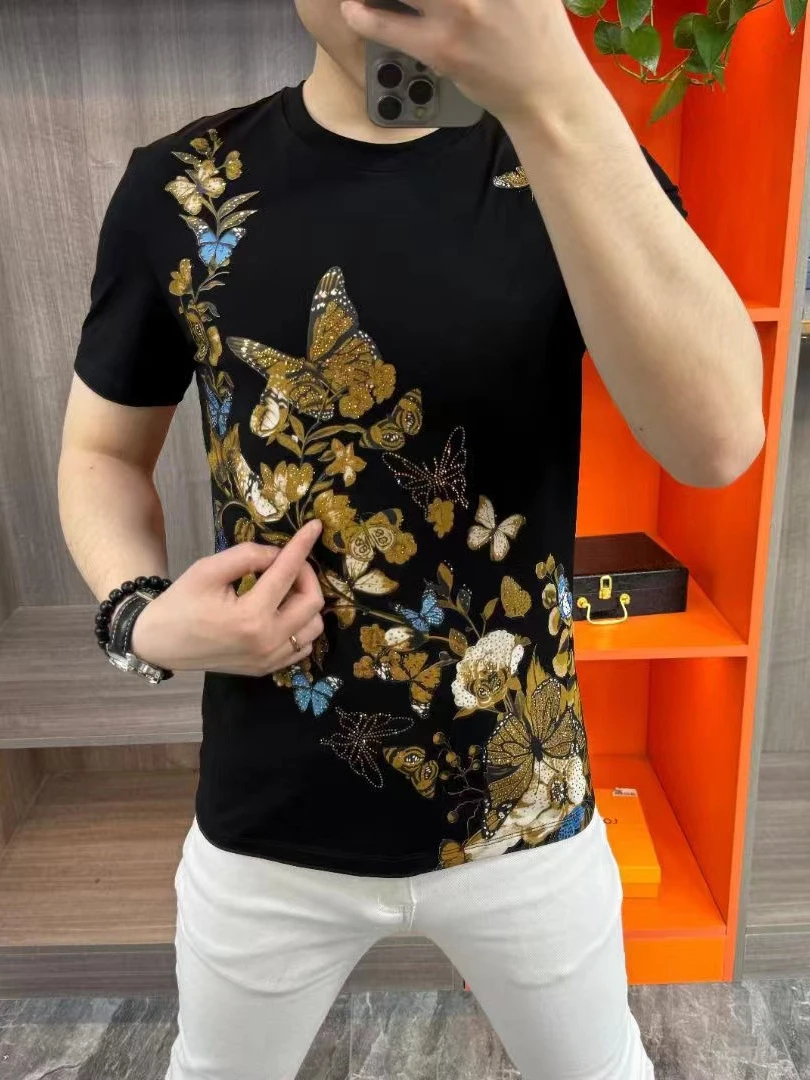 【现货】68110夏季新款男士T恤圆领蝴蝶印花短袖时尚潮流个性