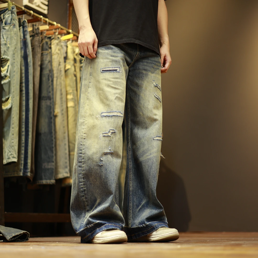 3103宽松水洗复古做旧破洞补丁潮流高街休闲男士阔腿牛仔裤