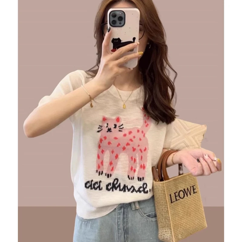 流行冰丝针织短袖t恤2025夏季新款百搭宽松小猫印花舒适圆领上衣