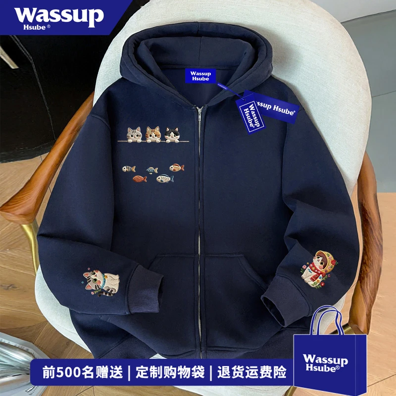 WASSUP HSUBE趣味卡通小猫印花连帽开衫卫衣男女秋冬百搭宽松外套