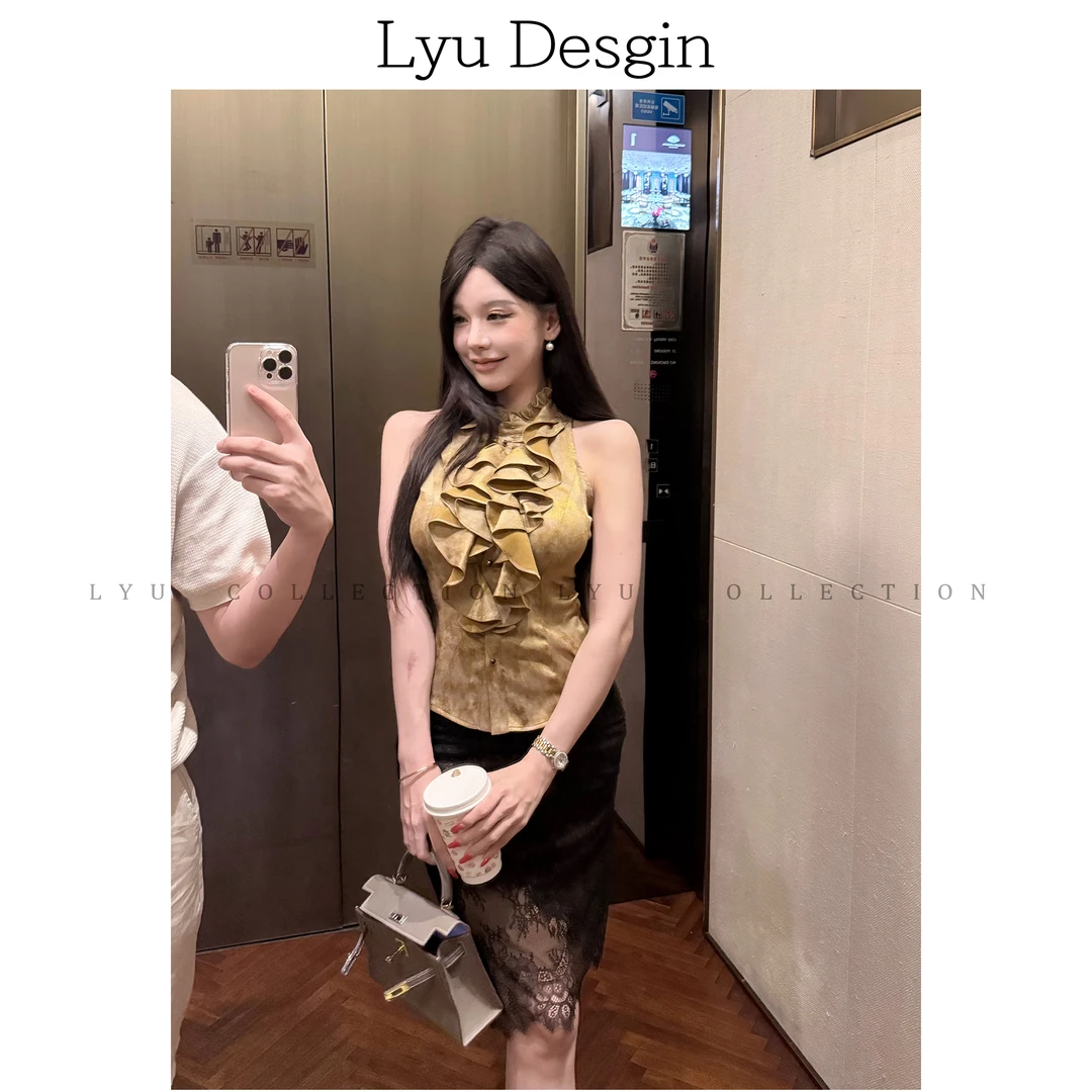 LYU【沙金缪斯】奢调荷叶边鎏金上衣蕾丝裙套装058