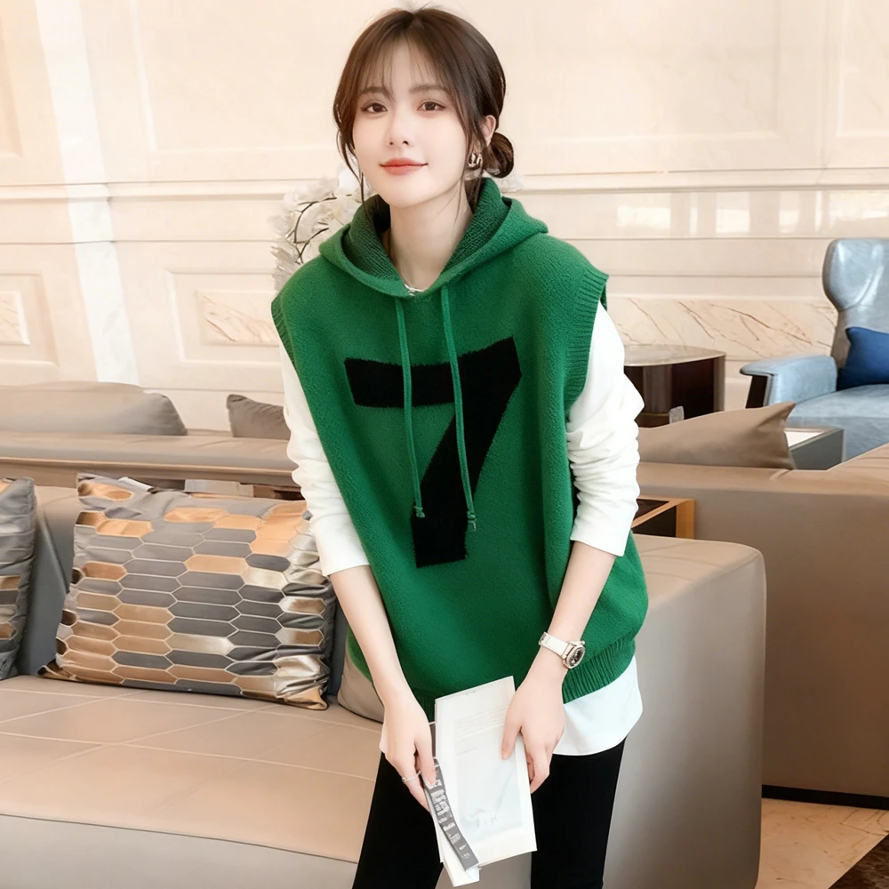 气质一整套穿搭套装女秋冬新款连帽针织马甲叠穿T恤减龄两件套潮