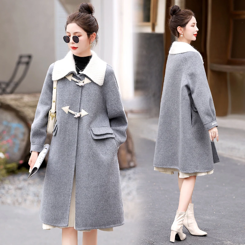 高级手工羊毛双面呢牛角扣大衣翻领小个子中长款双面羊毛外套女冬