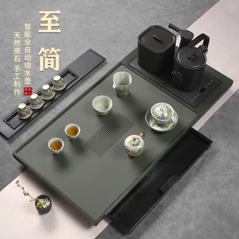 仁唐天然天罗绿石茶盘轻奢简约抽屉式储蓄水茶台全自动套装一体