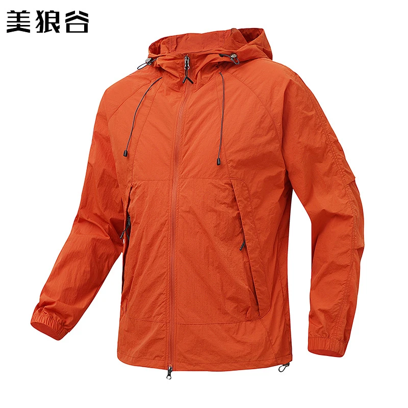 夏季新款户外红色运动防晒衣连帽透气外套骑行防紫外线工作服定制