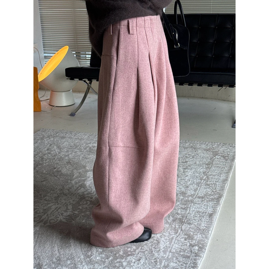 粉色毛呢气球羊毛阔腿西裤