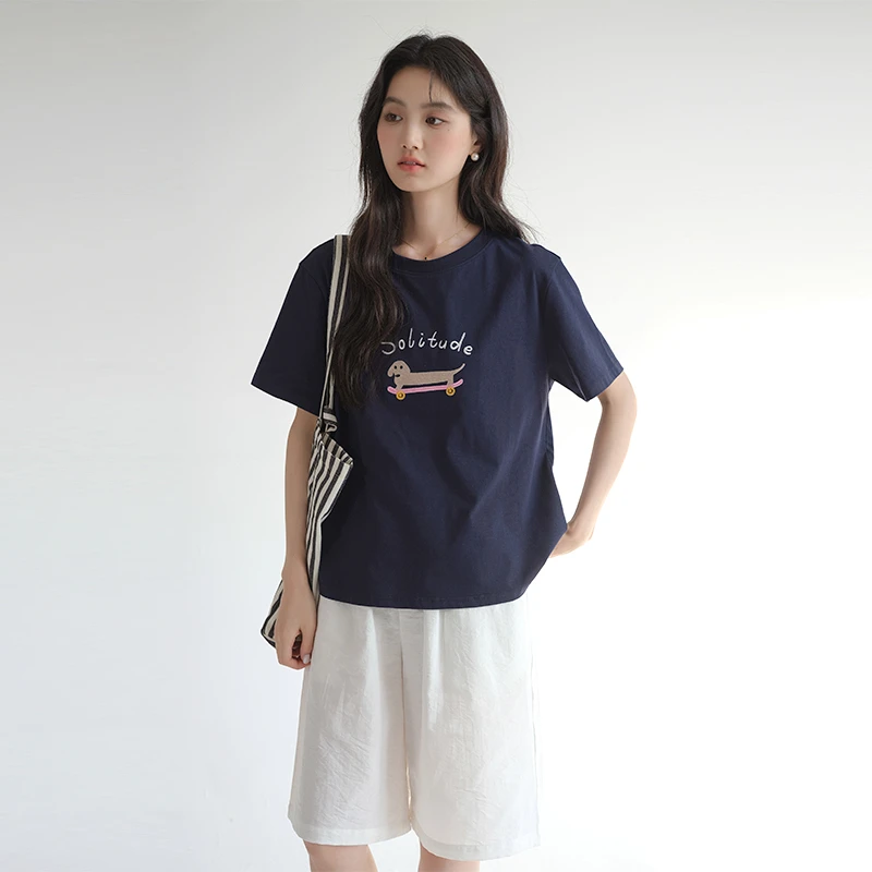 蓝若水大码女装刺绣T恤2025夏装新款胖MM遮肚子短袖上衣86830