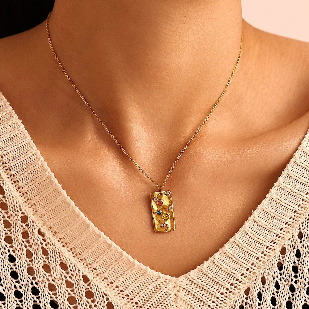 合金项链 【婉君】法式方块彩钻个性百搭高级感项链LWJ25A1S438