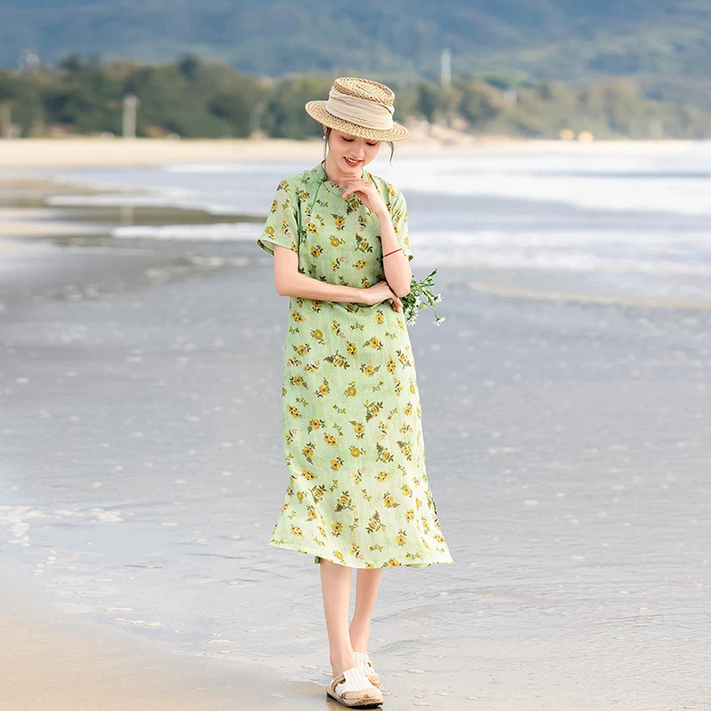 高品质苎麻印花改良旗袍裙立领新中式原创碎花连衣裙2025夏季新款