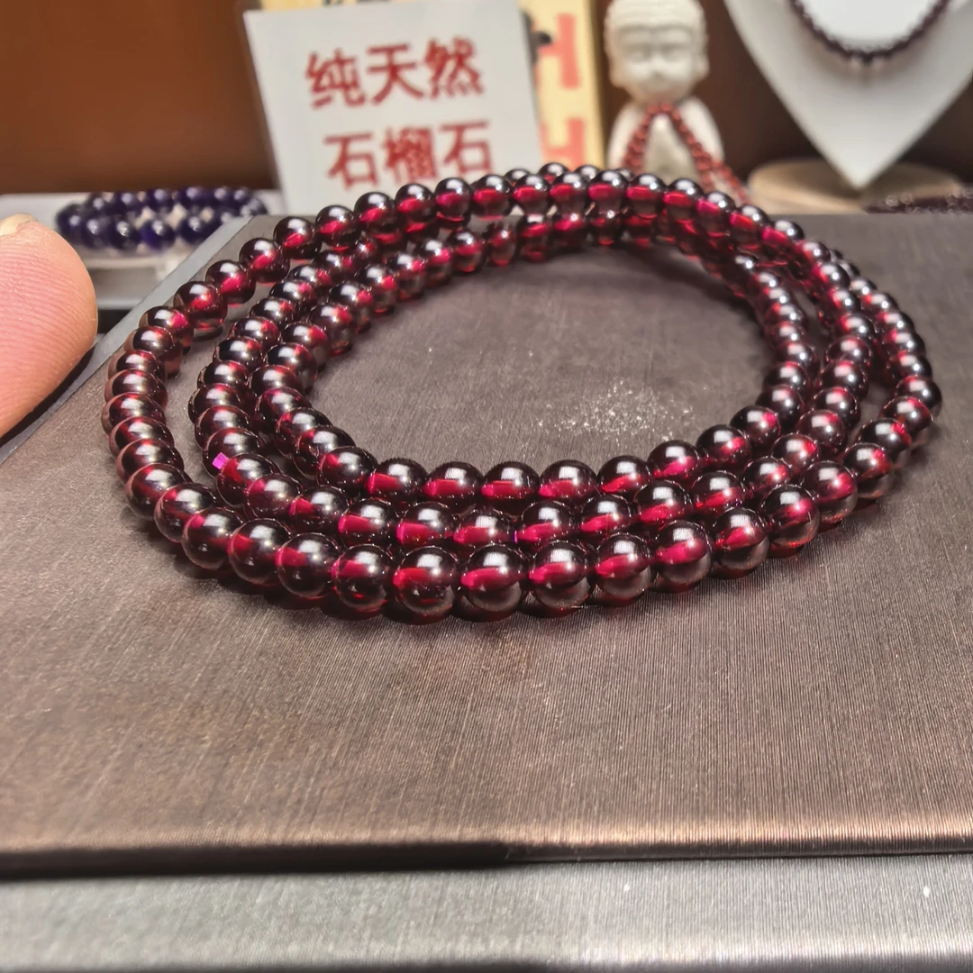 天然正品酒红色石榴石9A品质三圈手链项链4.2-6.0mm时尚