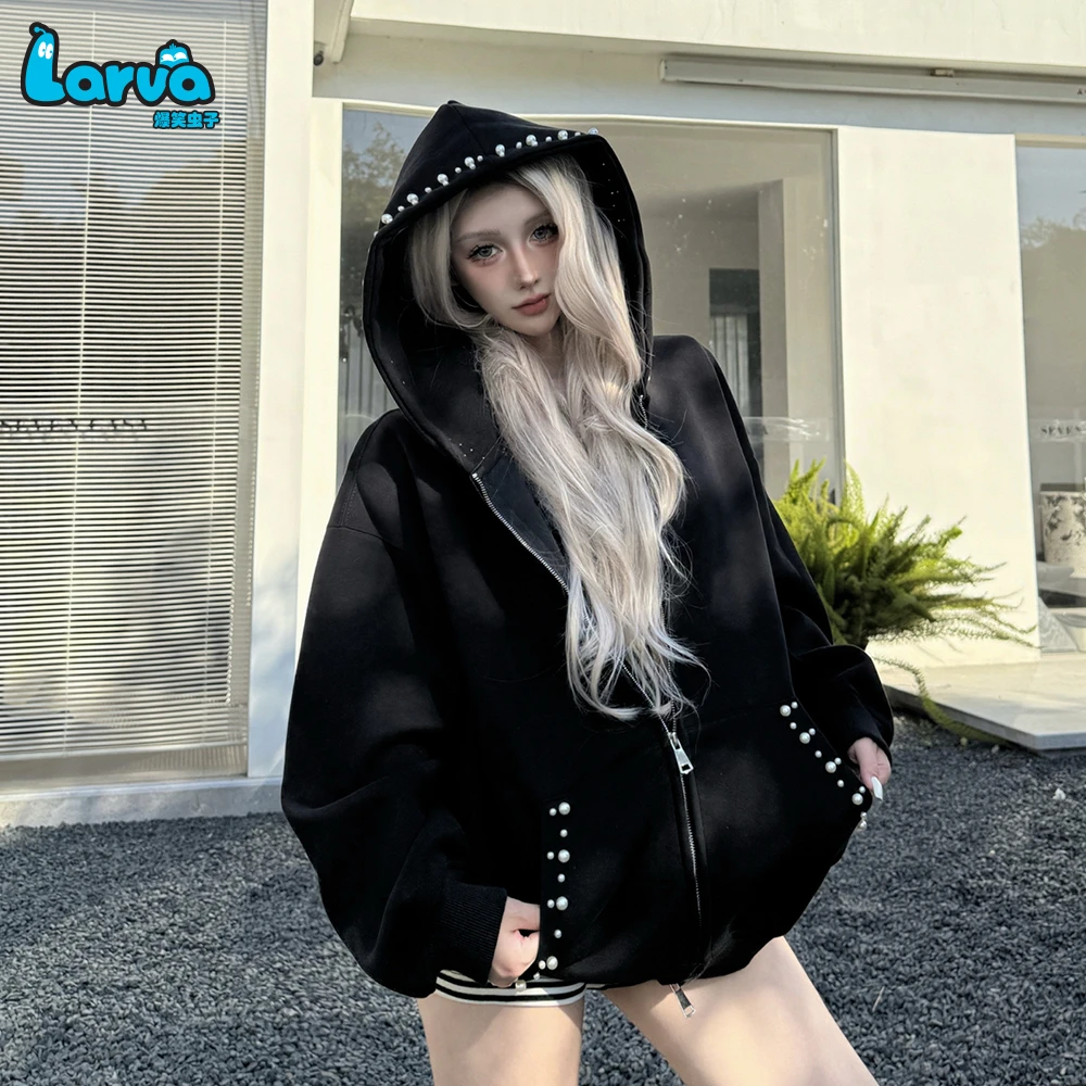 LARVA/爆笑虫子珍珠开衫情侣挺括重磅卫衣男宽松上衣女欧若假日风