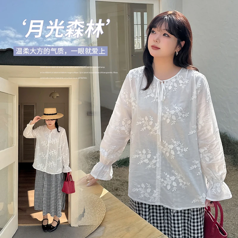 大码女装甜美重工绣花衬衫女2025春季新款胖MM套头系带内搭上衣
