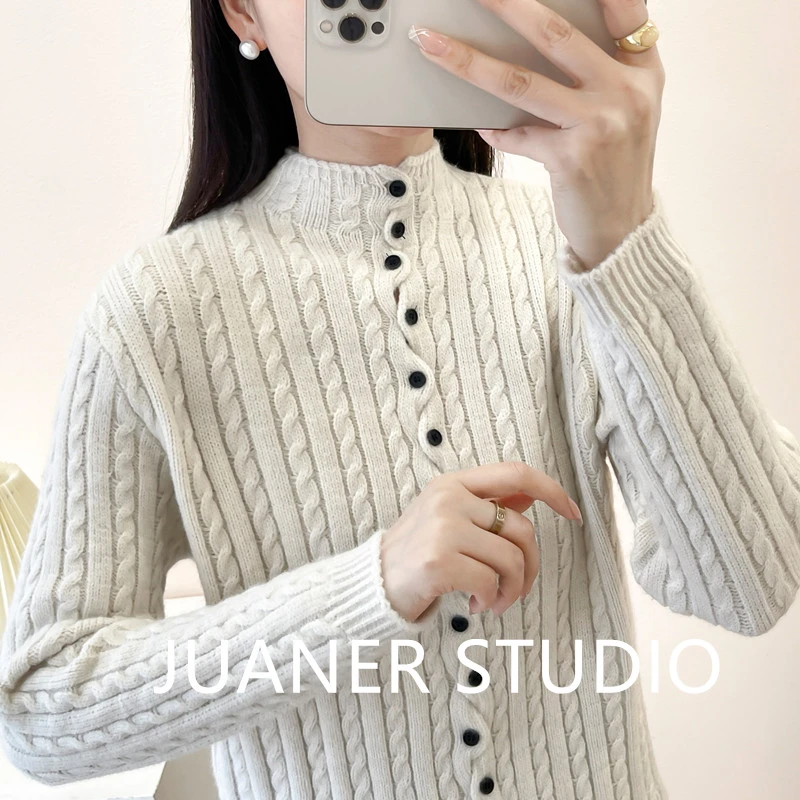 半高领纽扣麻花针织毛衣开衫秋冬新款时尚洋气内搭宽松打底衫上衣