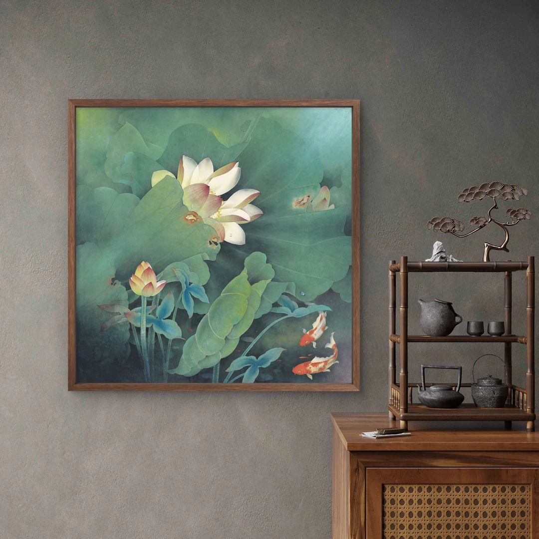 9425-40*40荷花鲤鱼中式装饰画木框玄关书房茶室客厅挂画
