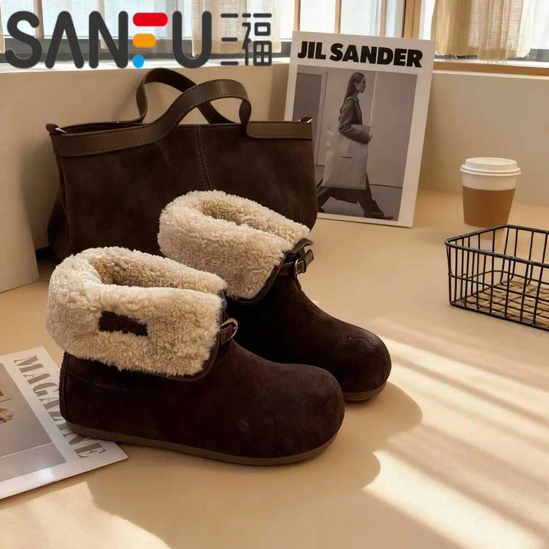 三福一鞋两穿糕糕毛加绒保暖雪地靴女2025冬季新款短靴毛毛棉鞋女