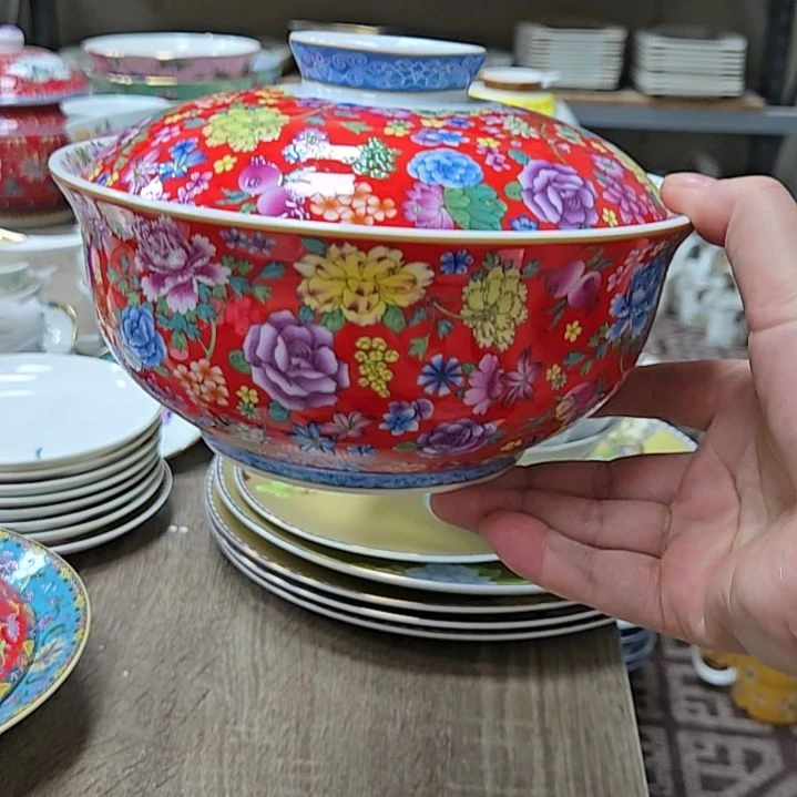 瓷片微瑕珐琅彩万花7寸一个泡面碗6666