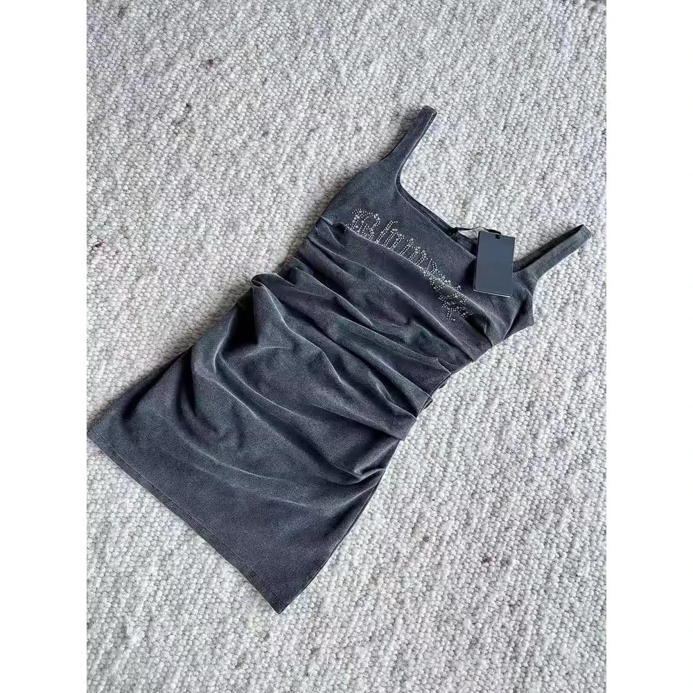 牛X货 巨炸裂！今年流行重工烫钻超短裙烟灰色褶皱吊带连衣裙子夏