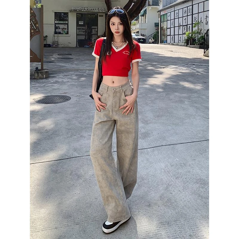 POYZ复古废土风扎染印花阔腿百搭牛仔裤女春夏宽松休闲直筒长裤