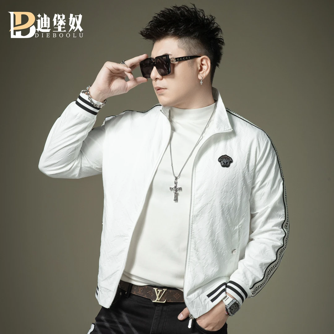 欧洲站高端潮牌立领时尚提花男士外套男秋季2025新款潮流夹克上衣