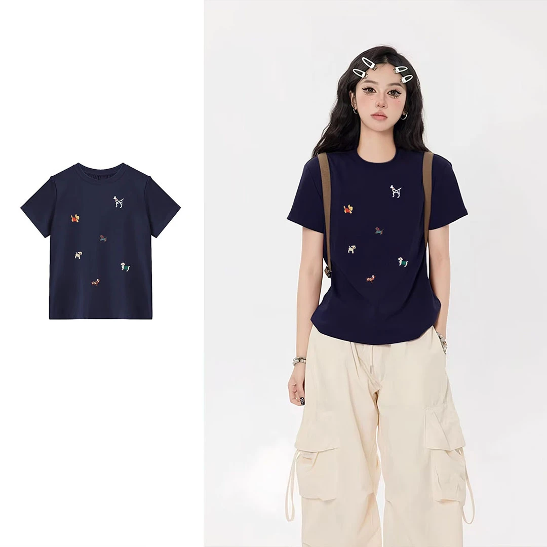 夏季新款小狗印花小众设计感正肩修身休闲圆领短袖T恤女辣妹上衣
